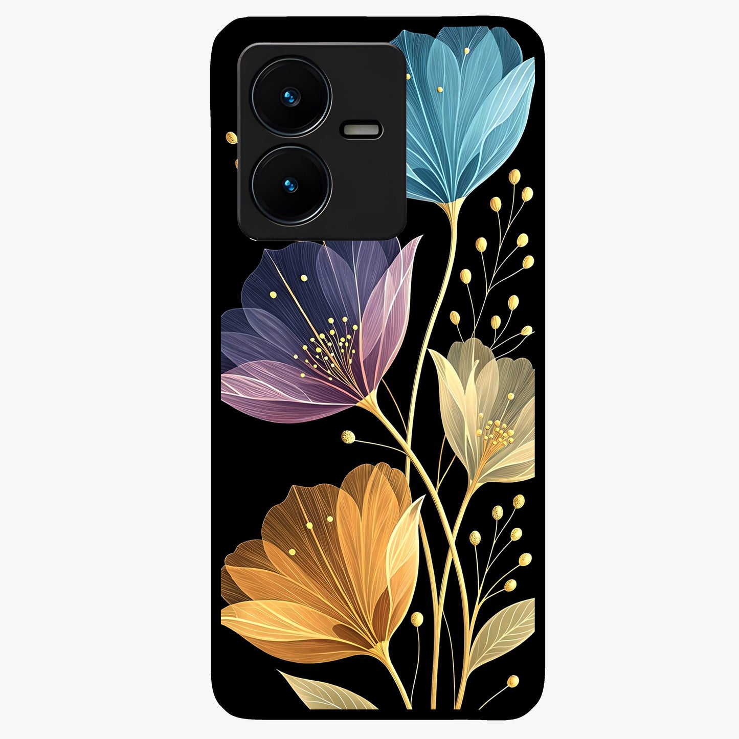 Delicate Multicolor Flowers Glass Case showing flat back view with vibrant floral artwork and glossy glass finish.
