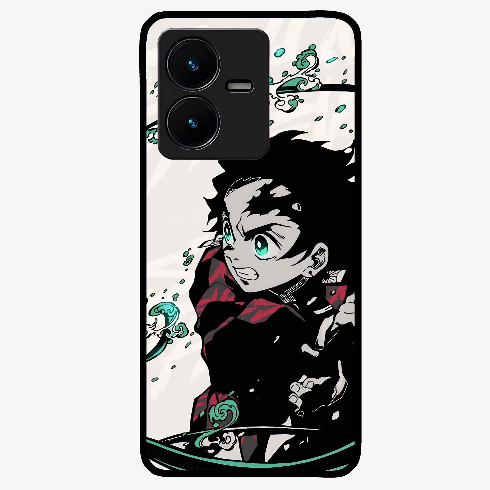 Demon Slayer Glass Case showing flat back view with bold anime inspired artwork and glossy glass finish.