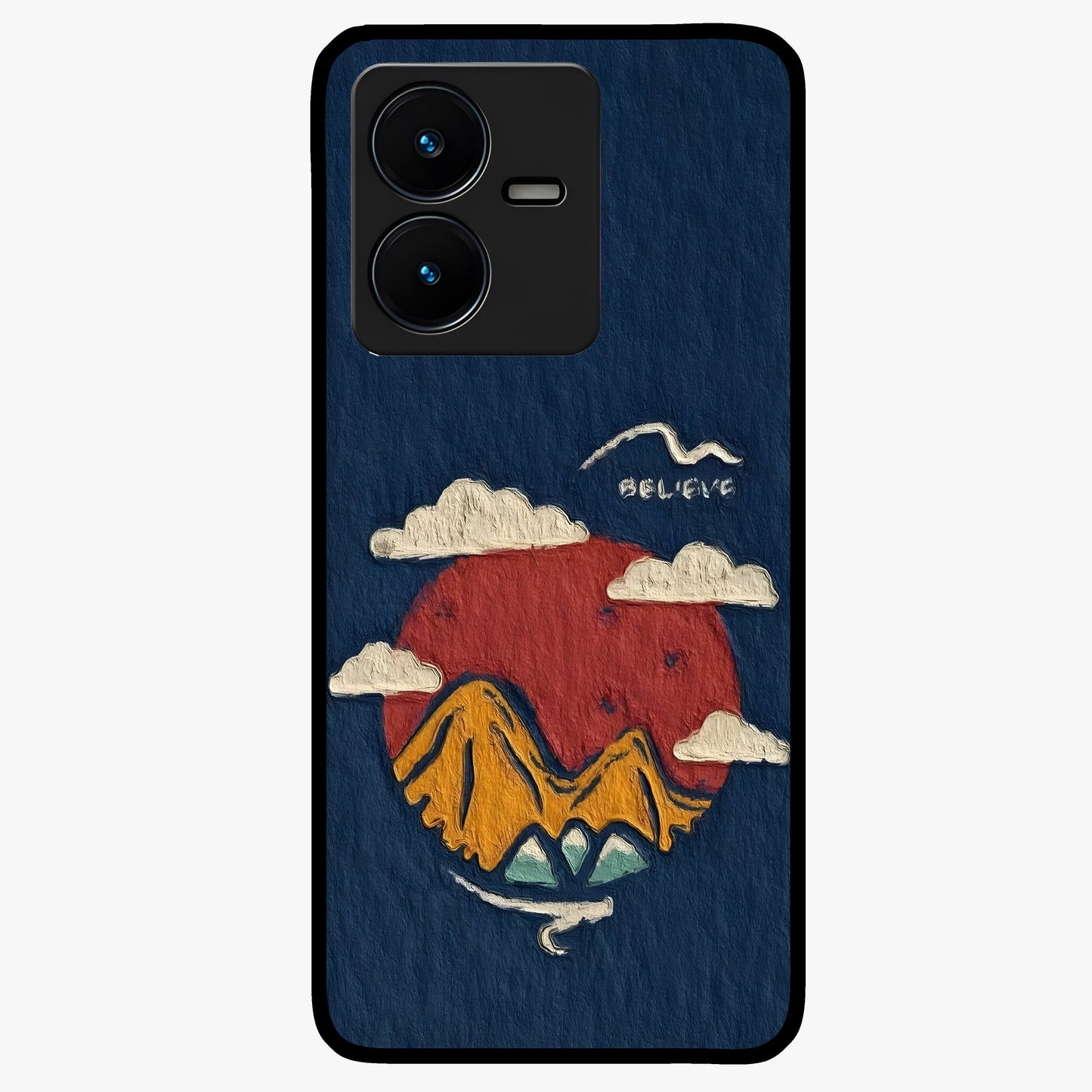 Dream Beyond Mountains Glass Case showing flat back view with scenic mountain landscape artwork and glossy glass finish.
