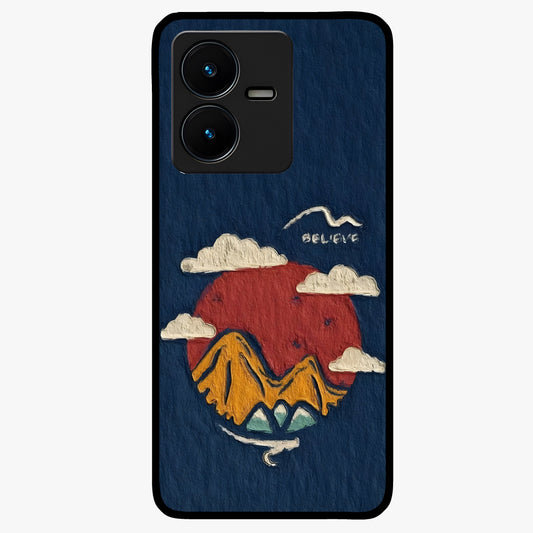 Dream Beyond Mountains Glass Case showing flat back view with scenic mountain landscape artwork and glossy glass finish.