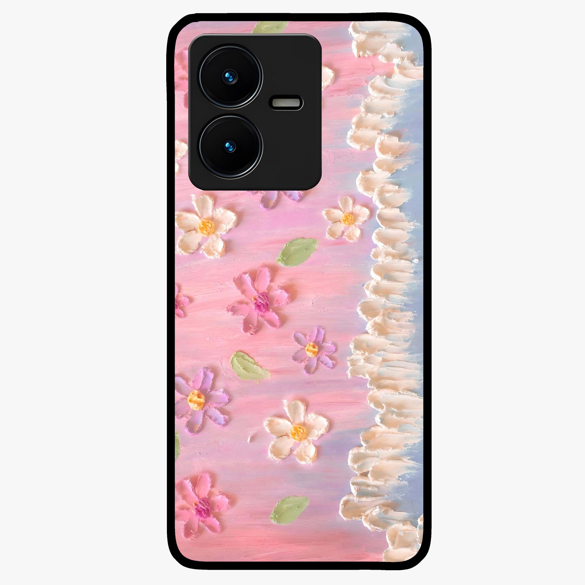 Dreamy Painted Garden Glass Case showing flat back view with artistic painted floral garden artwork and glossy glass finish.
