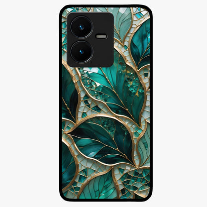 Emerald Leaf Glass Glass Case showing flat back view with emerald green leaf artwork and glossy glass finish.