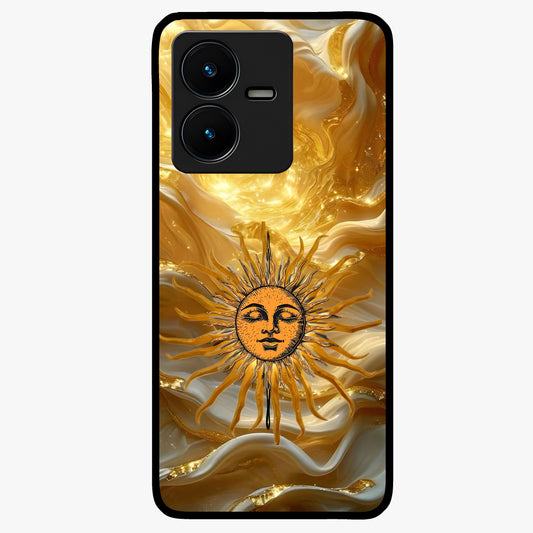Eternal Golden Glow Glass Case showing flat back view with radiant golden themed artwork and glossy glass finish.