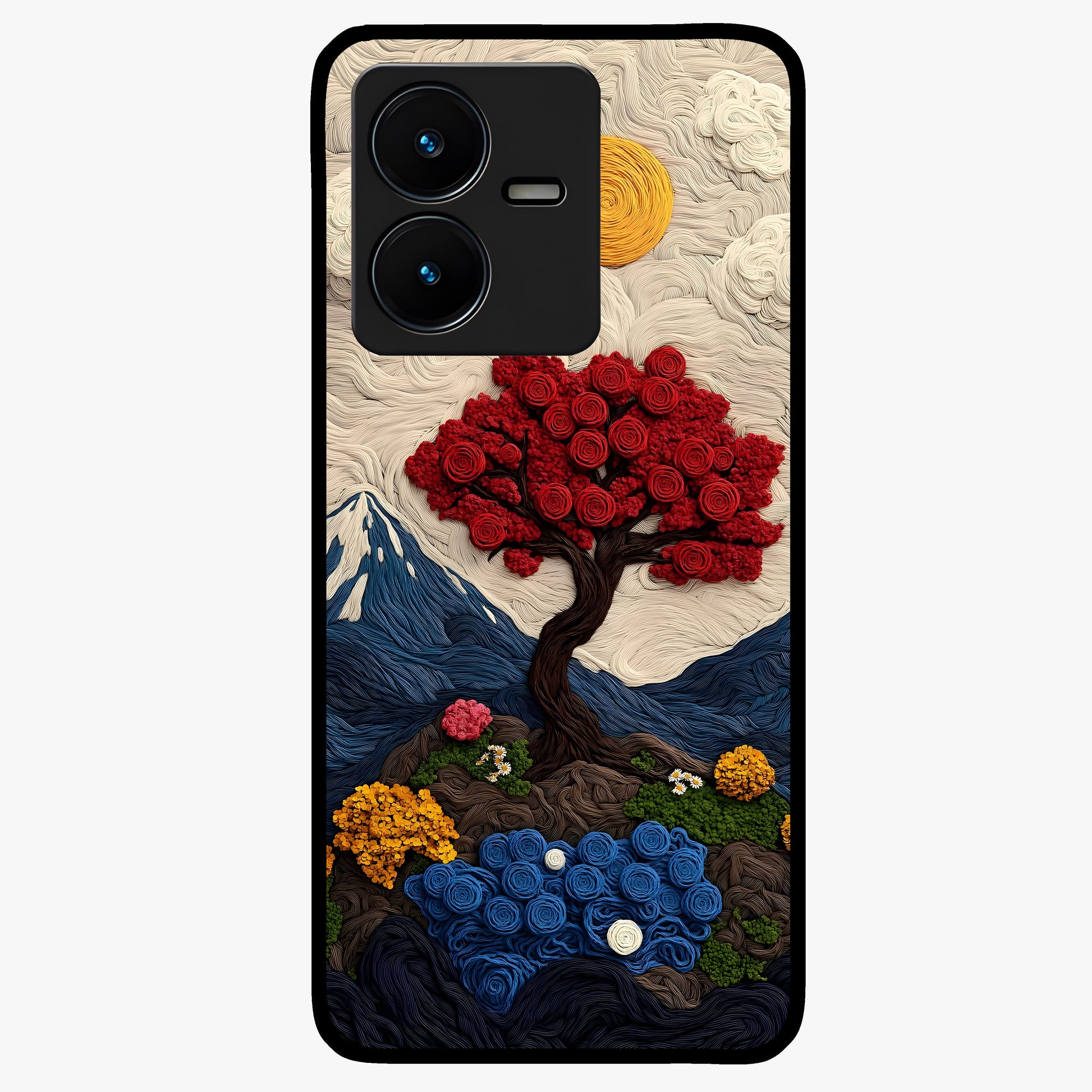 Eternal Nature Tapestry Glass Case showing flat back view with intricate nature tapestry artwork and glossy glass finish.