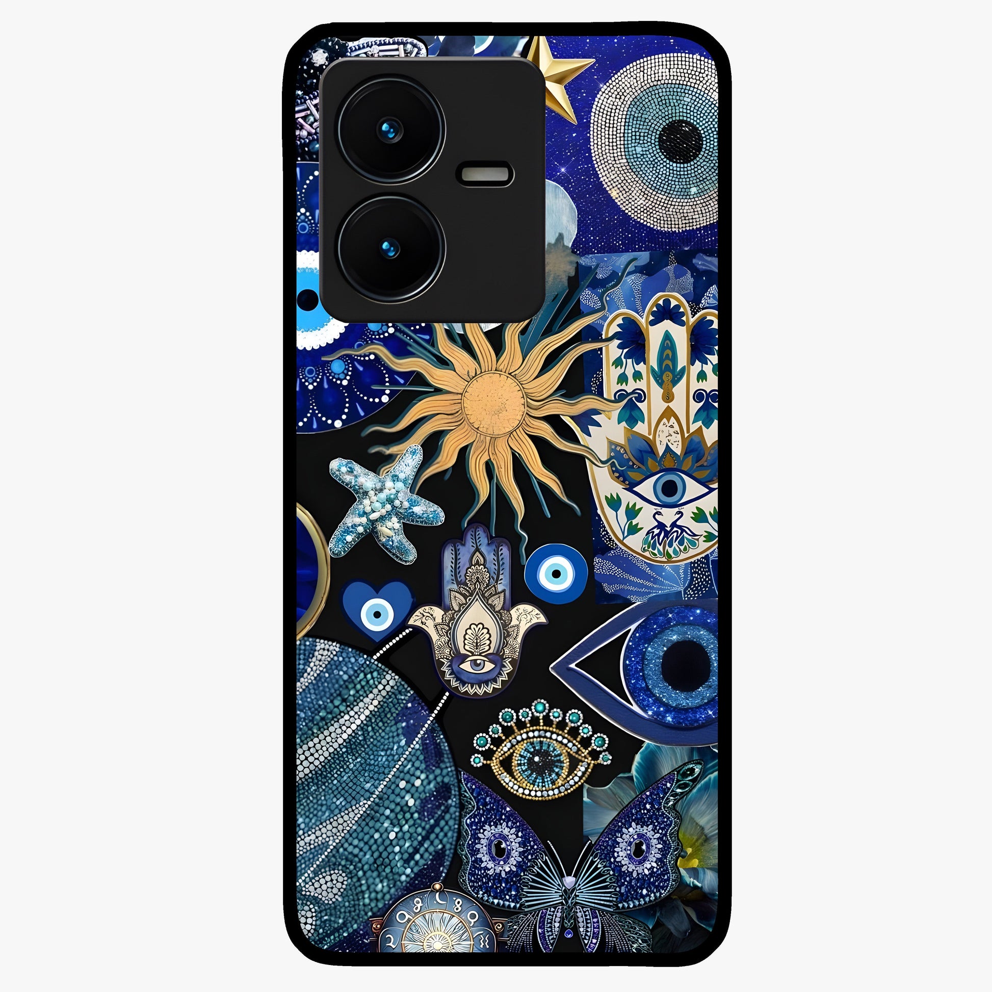 Evil Eye Charm Mix Glass Case showing flat back view with multiple evil eye charms artwork and glossy glass finish.