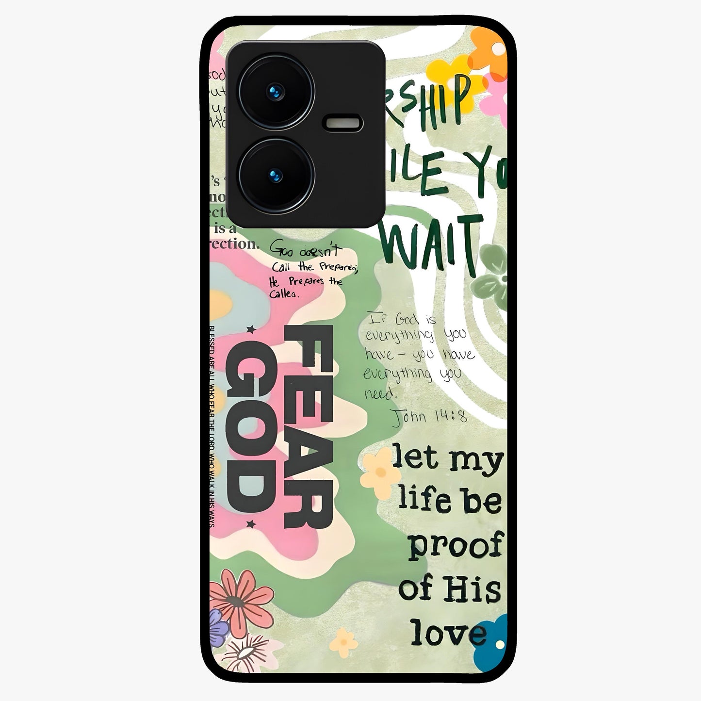 Faith Over Fear Glass Case showing flat back view with motivational typography artwork and glossy glass finish.