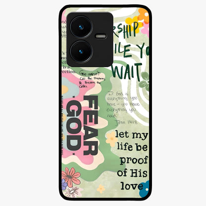 Faith Over Fear Glass Case showing flat back view with motivational typography artwork and glossy glass finish.
