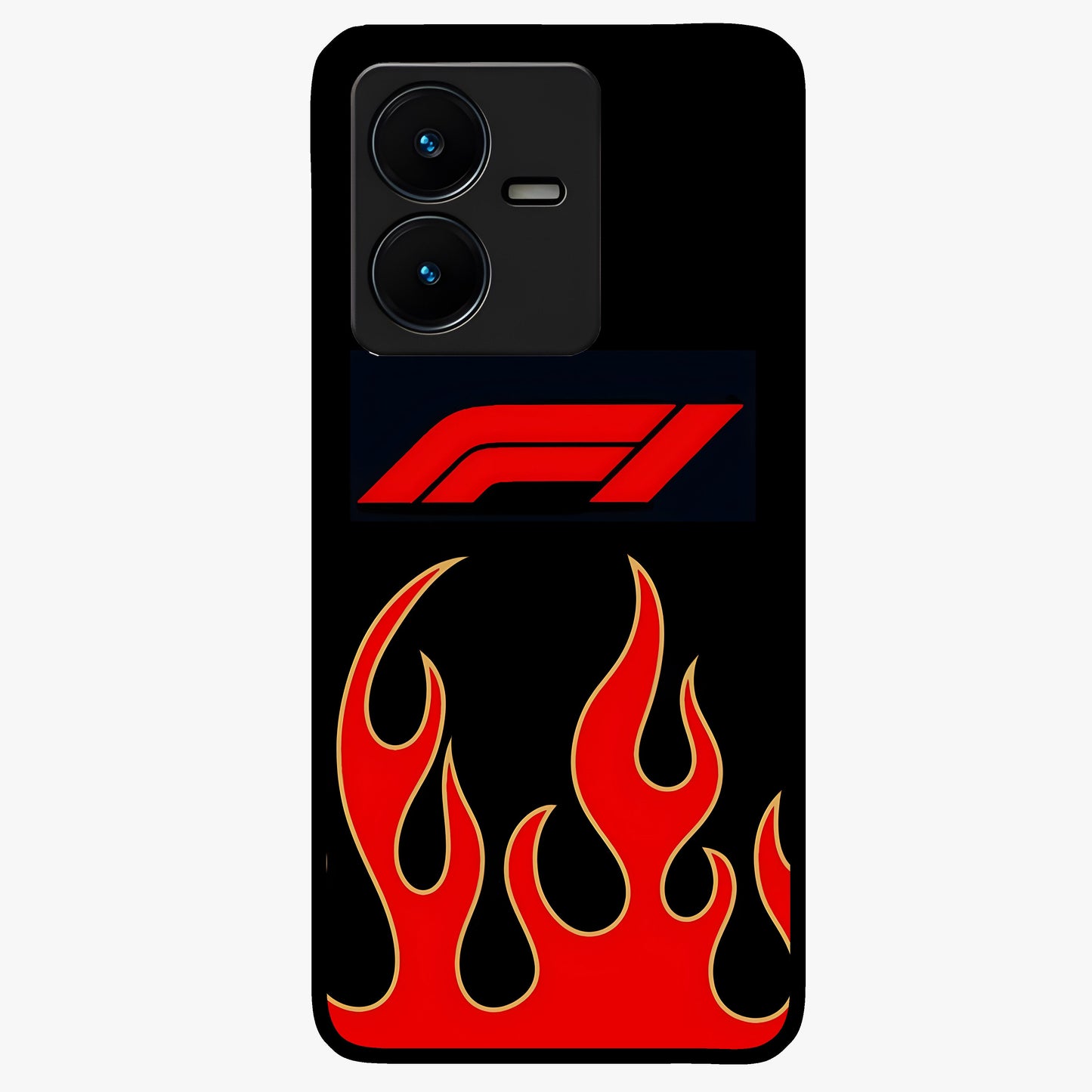 Fire F11 Glass Case showing flat back view with fiery themed artwork and glossy glass finish.