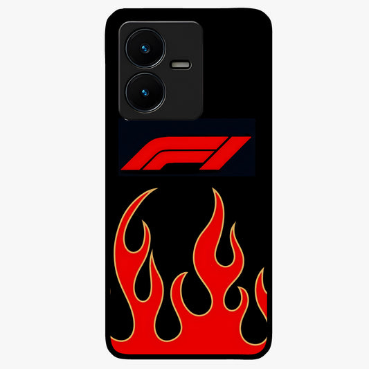 Fire F11 Glass Case showing flat back view with fiery themed artwork and glossy glass finish.