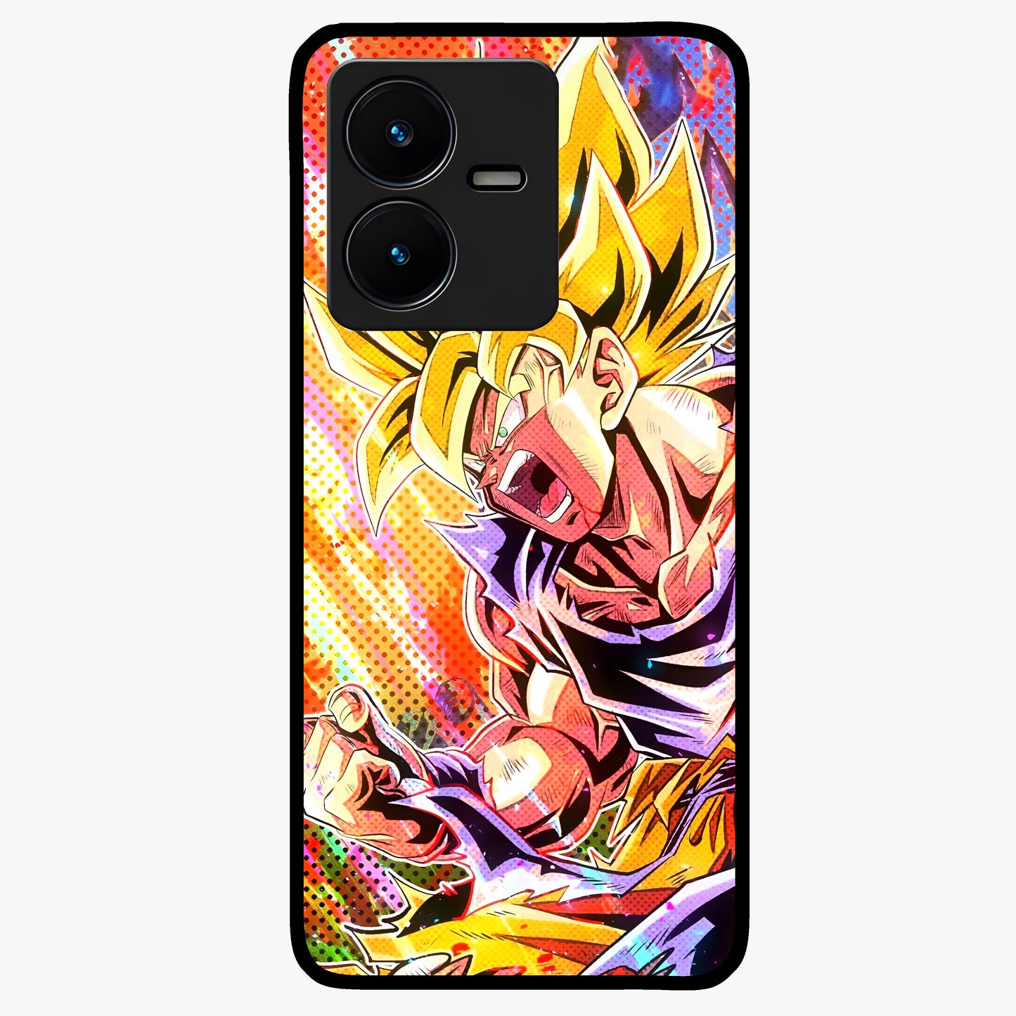 Firing Goku Glass Case showing flat back view with powerful anime inspired artwork and glossy glass finish.