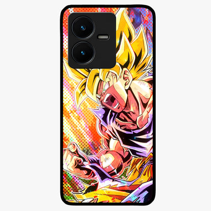 Firing Goku Glass Case showing flat back view with powerful anime inspired artwork and glossy glass finish.