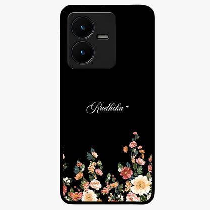 Floral Design With a Custom Personalized Name Glass Case showing flat back view with floral artwork and personalized name design.