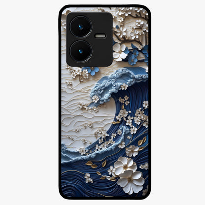 Floral Wave Origami Glass Case showing flat back view with origami inspired floral wave artwork and glossy glass finish.