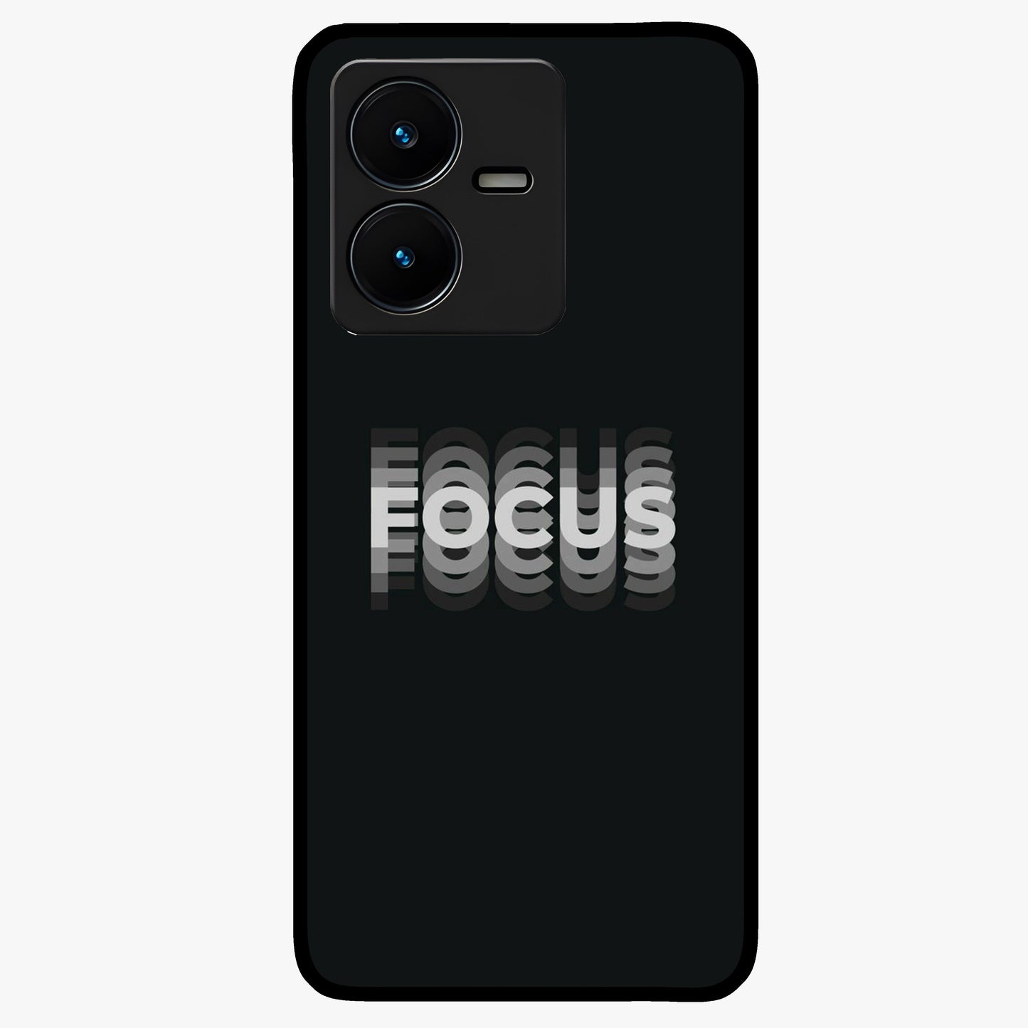 Focus Mode On Glass Case showing flat back view with bold motivational typography design and glossy glass finish.