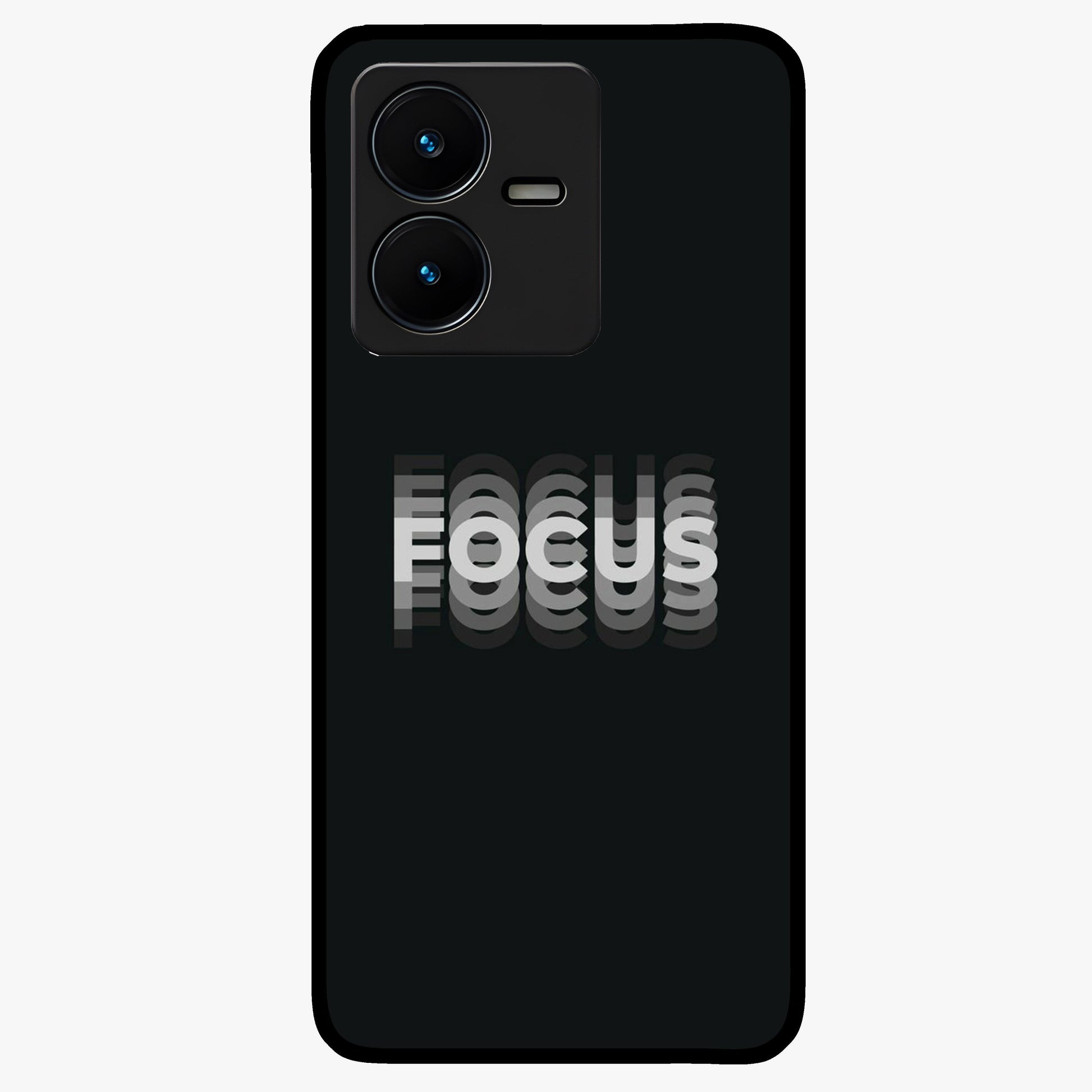 Focus Mode On Glass Case showing flat back view with bold motivational typography design and glossy glass finish.
