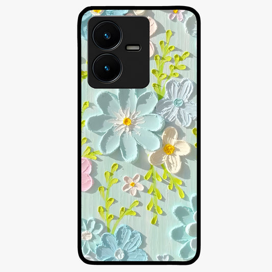 Frosted Petal Garden Glass Case showing flat back view with soft frosted floral artwork and glossy glass finish.