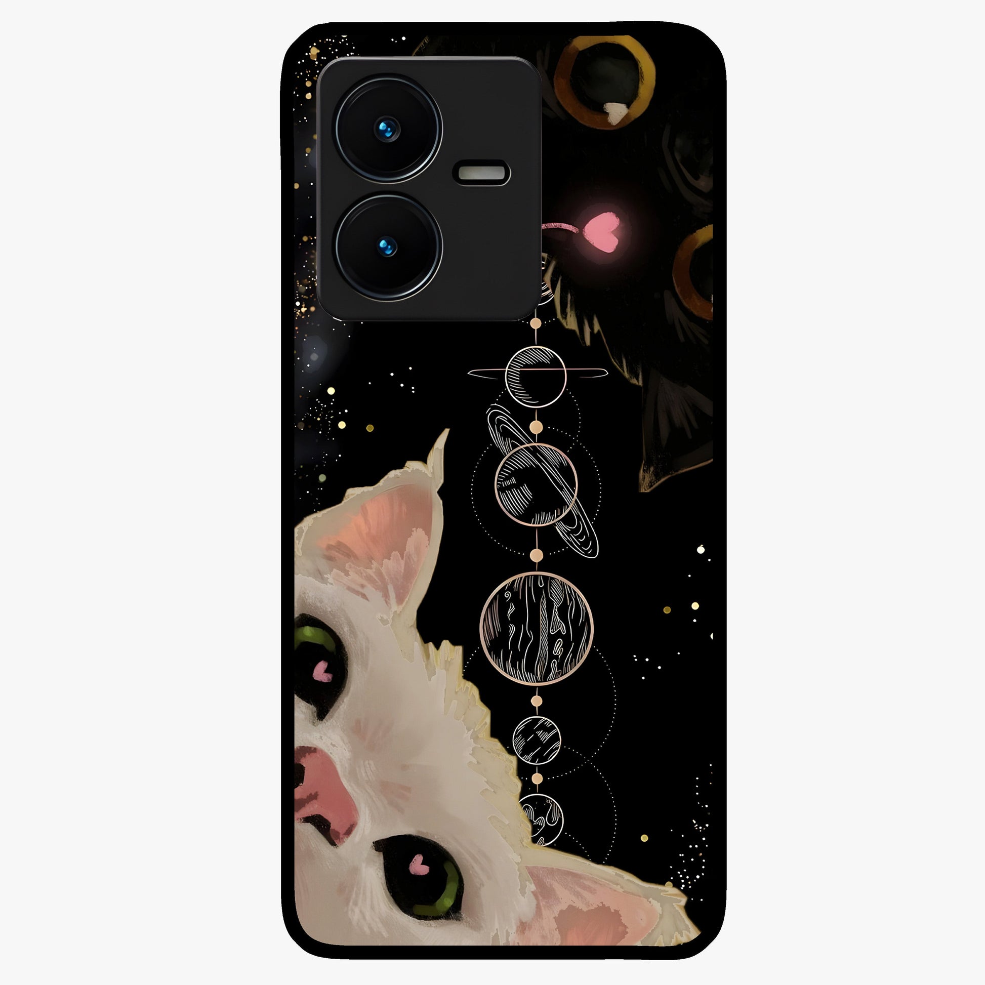 Galactic Cat Glass Case showing flat back view with cosmic cat artwork and glossy glass finish.