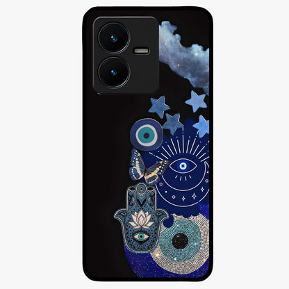 Galactic Charm Cluster Glass Case showing flat back view with glowing celestial charm artwork and glossy glass finish.
