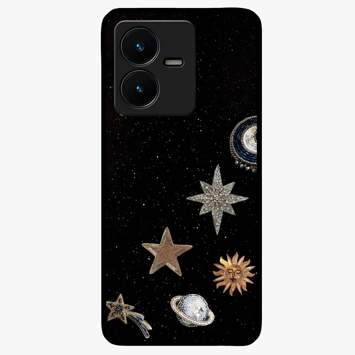 Galactic Charm Glow Glass Case showing flat back view with glowing celestial charm artwork and glossy glass finish.