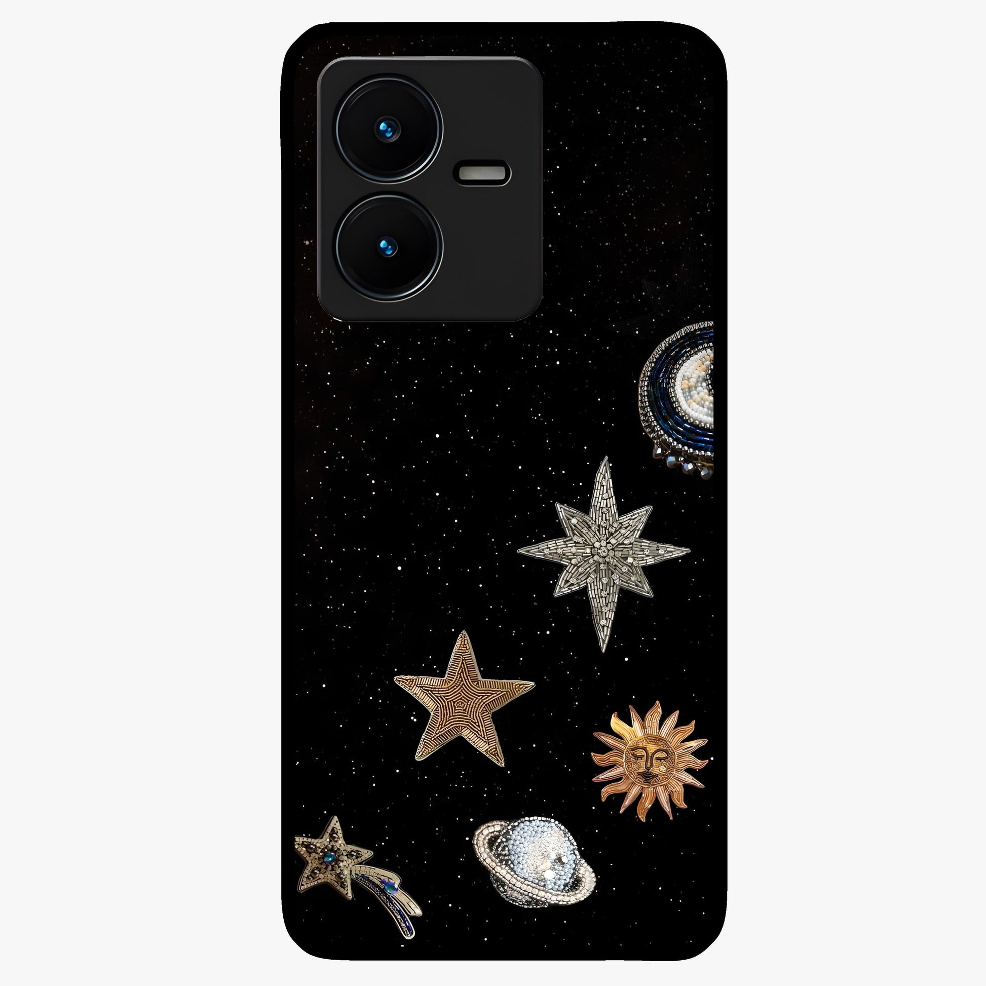 Galactic Charm Glow Glass Case showing flat back view with glowing celestial charm artwork and glossy glass finish.
