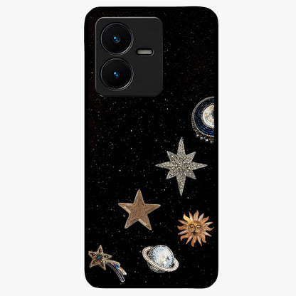 Galactic Charm Glow Glass Case showing flat back view with glowing celestial charm artwork and glossy glass finish.