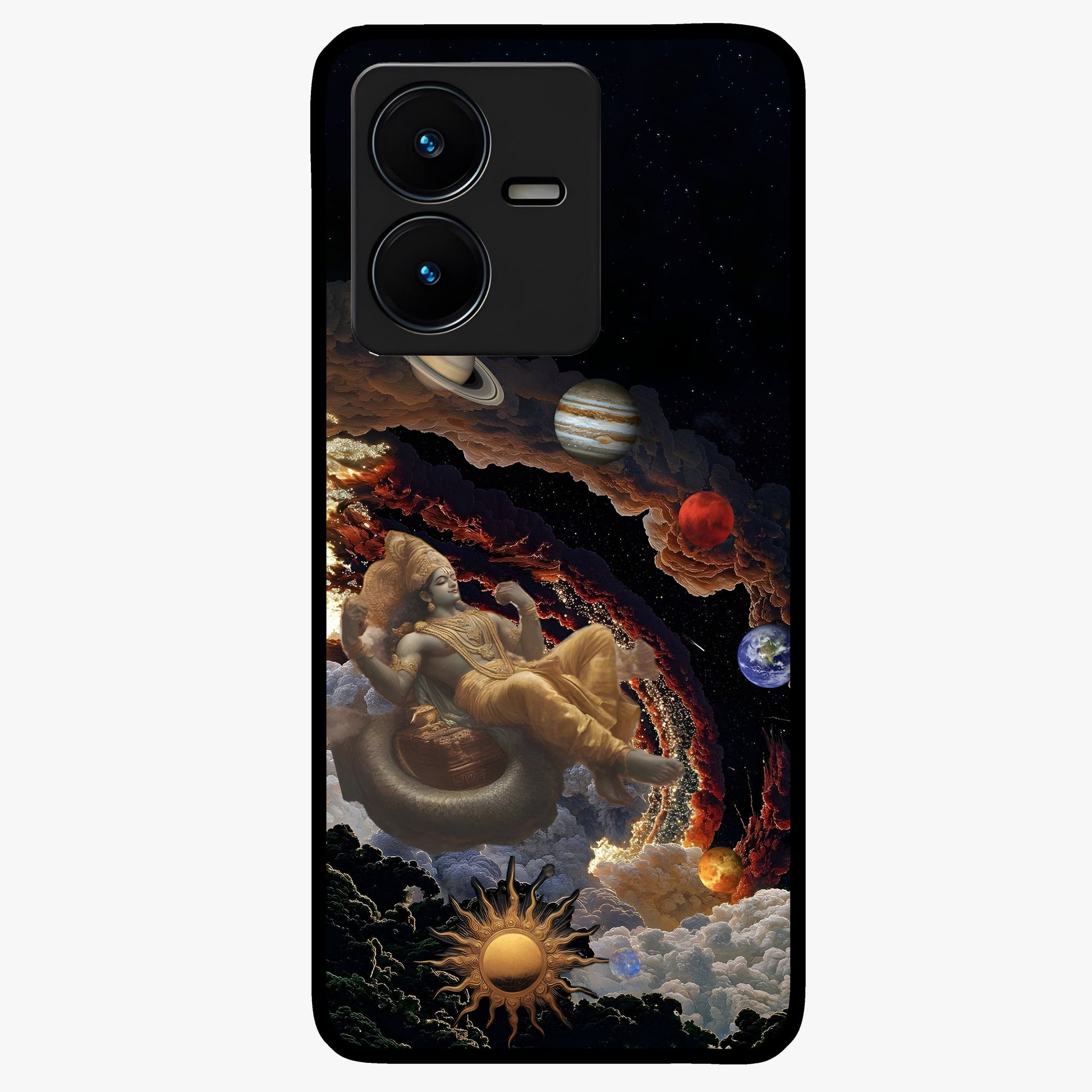 Galactic Divine God Glass Case showing flat back view with divine cosmic themed artwork and glossy glass finish.