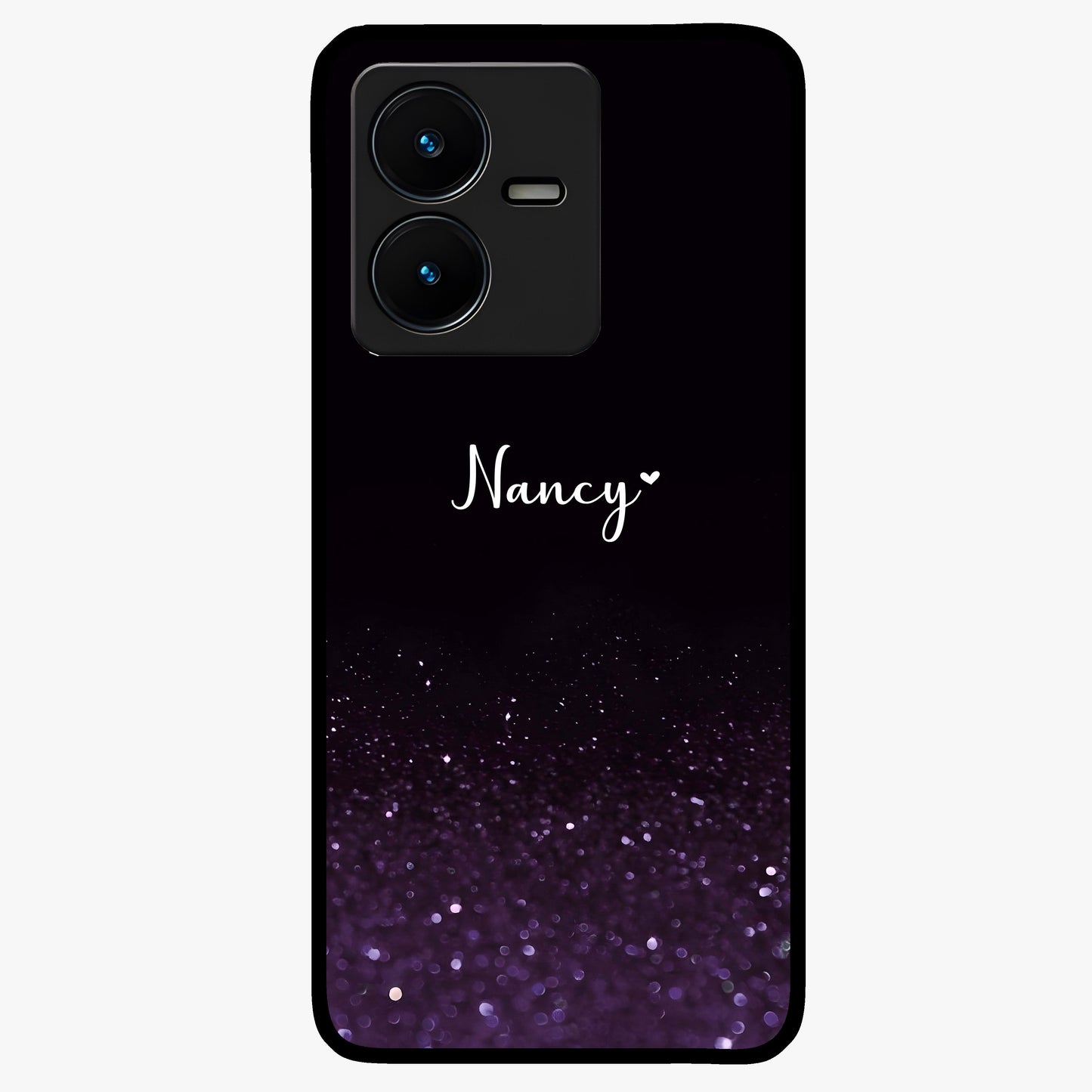 Glittery Purple Bokeh Custom Name Glass Case showing flat back view with purple bokeh sparkle artwork and personalized name design.