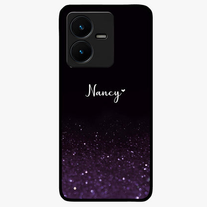 Glittery Purple Bokeh Custom Name Glass Case showing flat back view with purple bokeh sparkle artwork and personalized name design.
