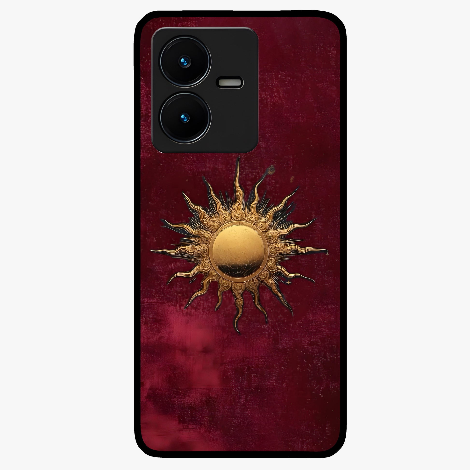 Gold Sun Blush Glass Case showing flat back view with golden sun inspired artwork and glossy glass finish.