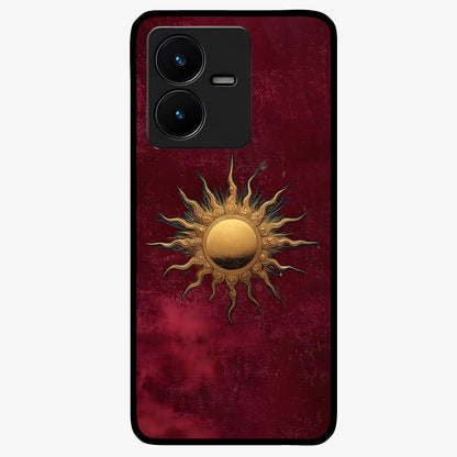 Gold Sun Blush Glass Case showing flat back view with golden sun inspired artwork and glossy glass finish.