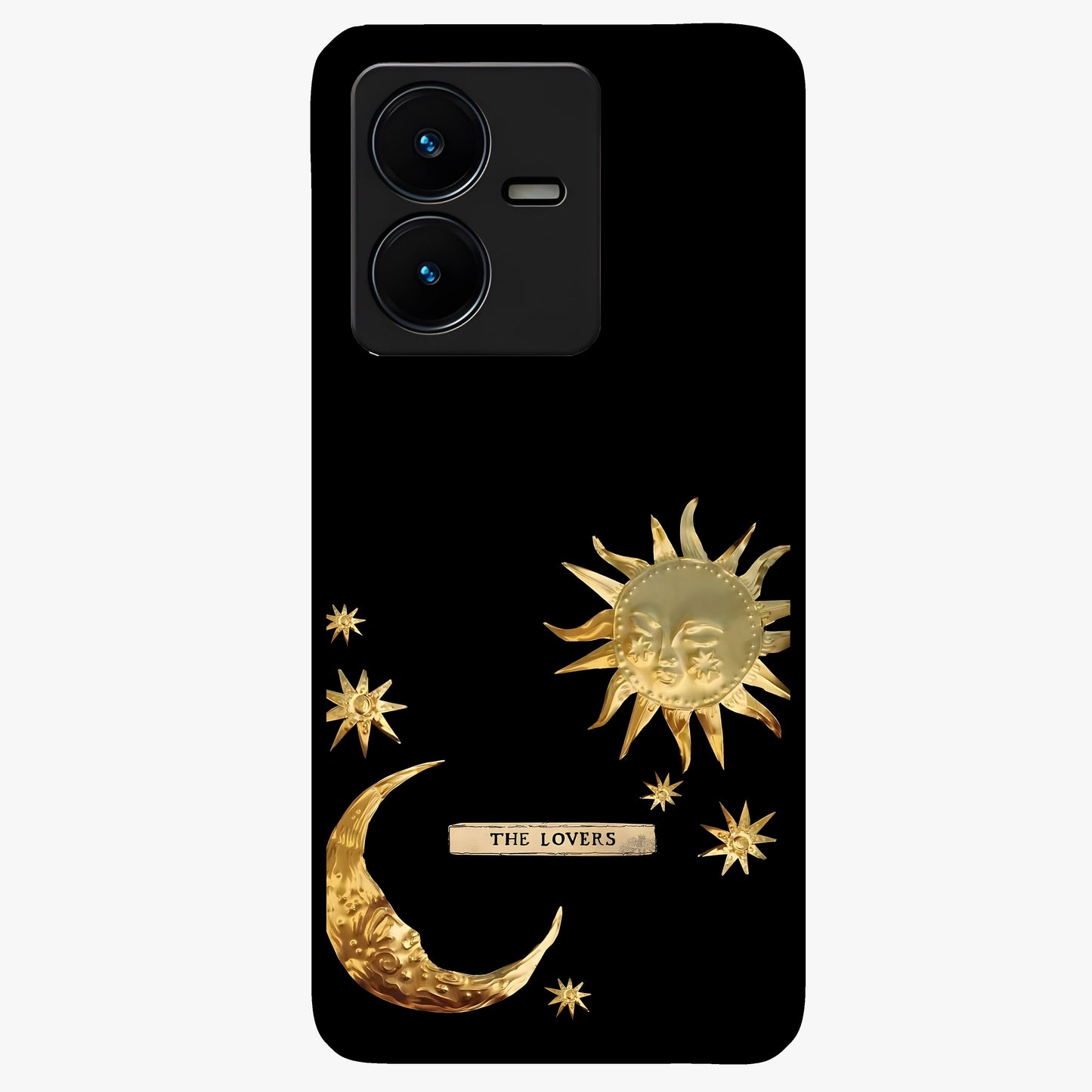 Golden Celestial Charm Glass Case showing flat back view with golden celestial charm artwork and glossy glass finish.