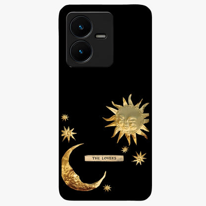 Golden Celestial Charm Glass Case showing flat back view with golden celestial charm artwork and glossy glass finish.
