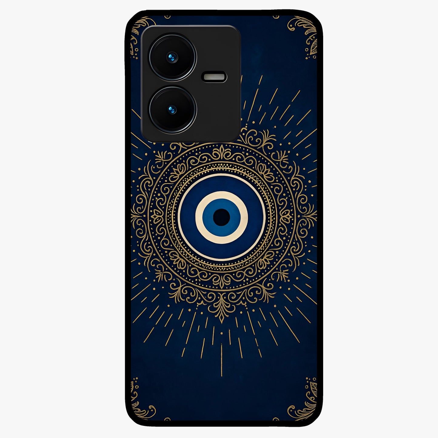 Golden Evil Eye Mandala Glass Case showing flat back view with intricate evil eye mandala artwork and glossy glass finish.