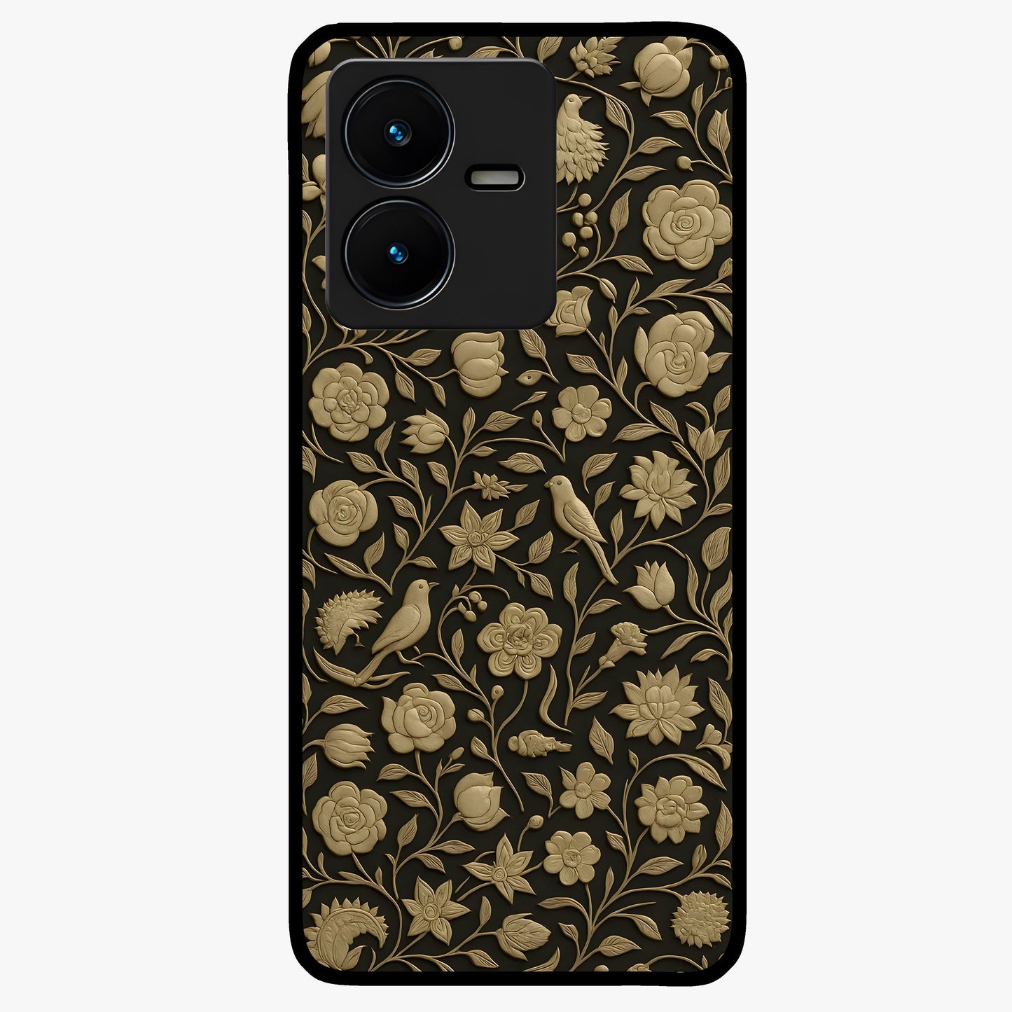 Golden Floral Majesty Glass Case showing flat back view with luxurious golden floral artwork and glossy glass finish.