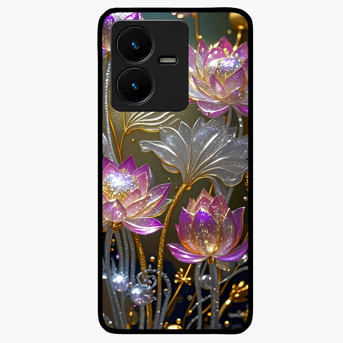 Golden Lotus Glow Glass Case showing flat back view with glowing lotus flower artwork and glossy glass finish.