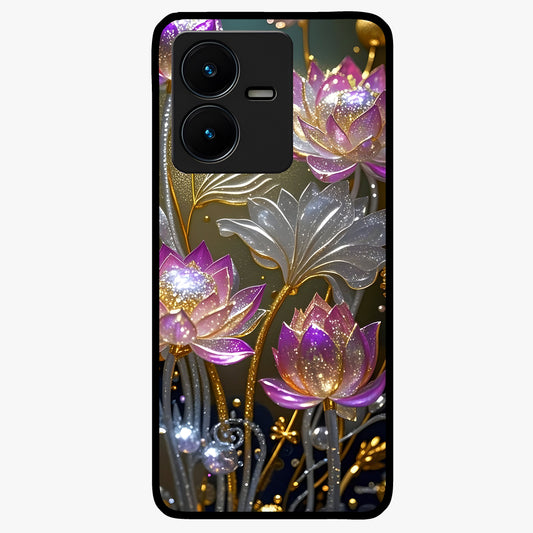 Golden Lotus Glow Glass Case showing flat back view with glowing lotus flower artwork and glossy glass finish.