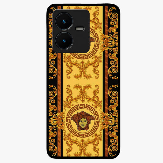 Golden Royal Heritage Glass Case showing flat back view with ornate royal pattern artwork and glossy glass finish.