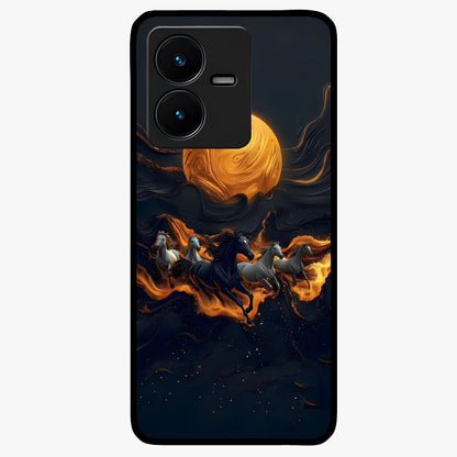 Golden Stallion Moonride Glass Case showing flat back view with majestic horse under moonlight artwork and glossy glass finish.
