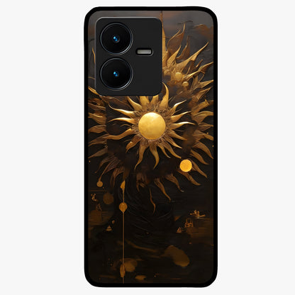 Golden Sun Majesty Glass Case showing flat back view with radiant golden sun artwork and glossy glass finish.