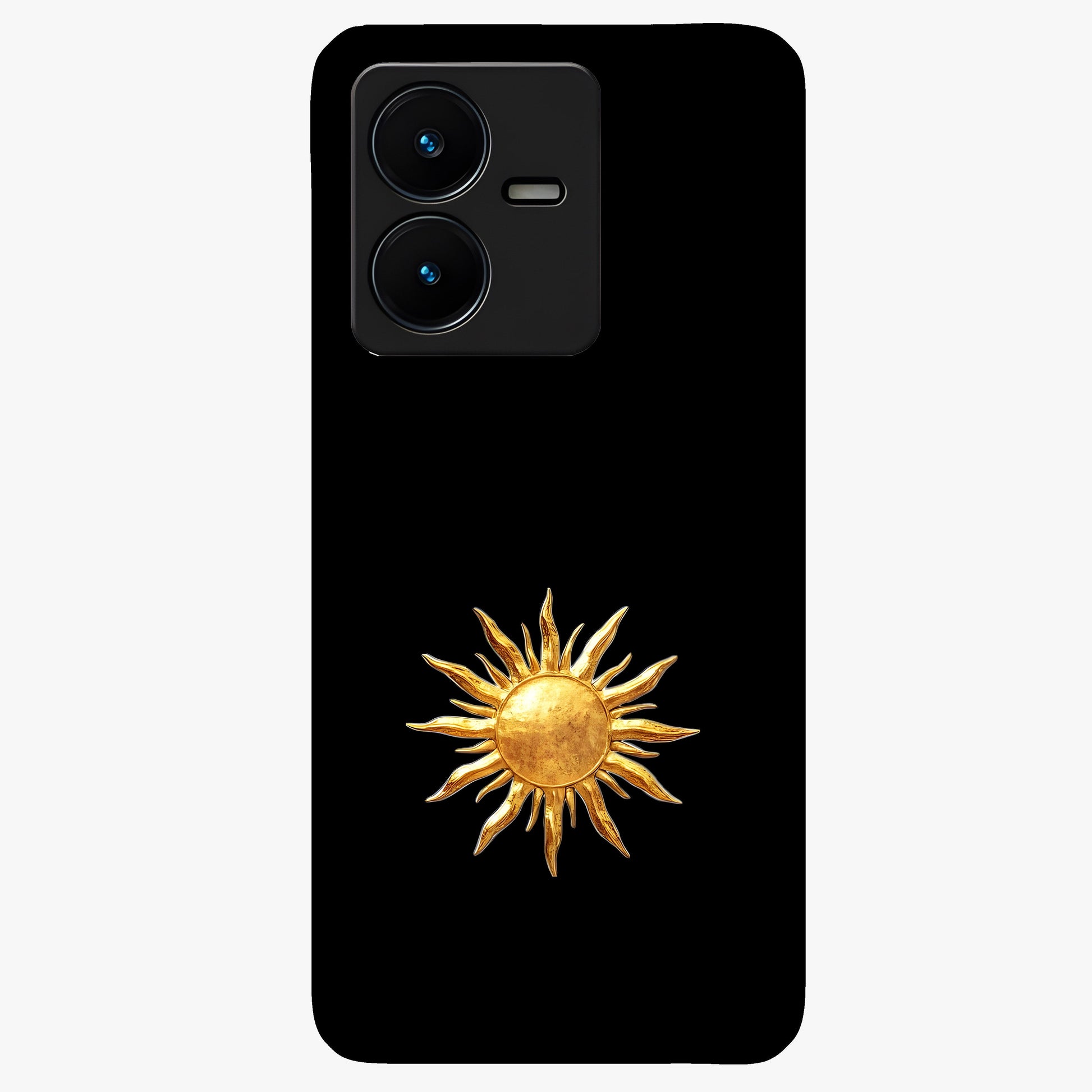 Golden Sun Minimalism Glass Case showing flat back view with minimal golden sun artwork and glossy glass finish.