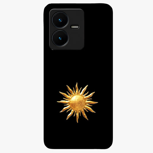 Golden Sun Minimalism Glass Case showing flat back view with minimal golden sun artwork and glossy glass finish.