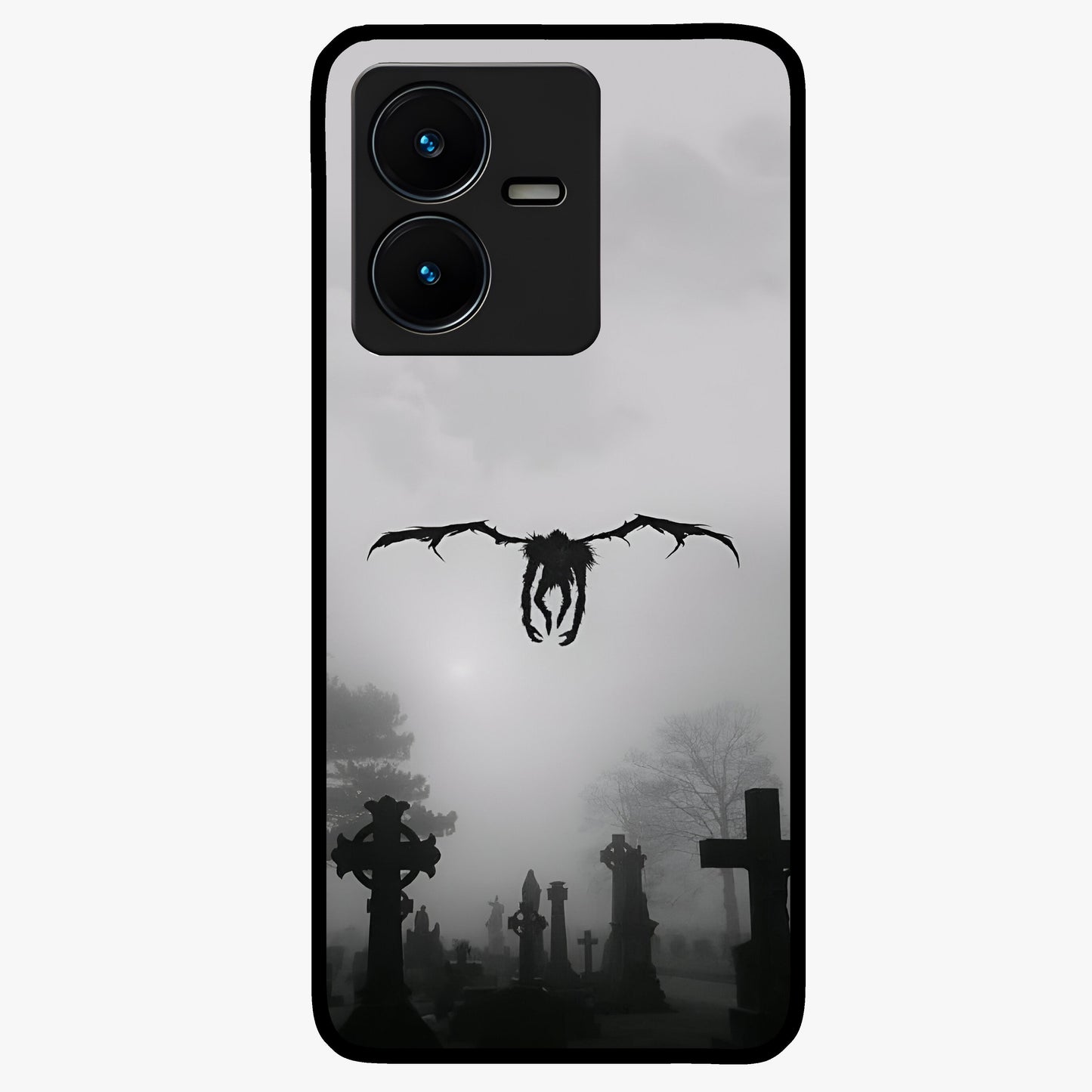 Graveyard Shadow Descent Glass Case showing flat back view with dark graveyard themed artwork and glossy glass finish.