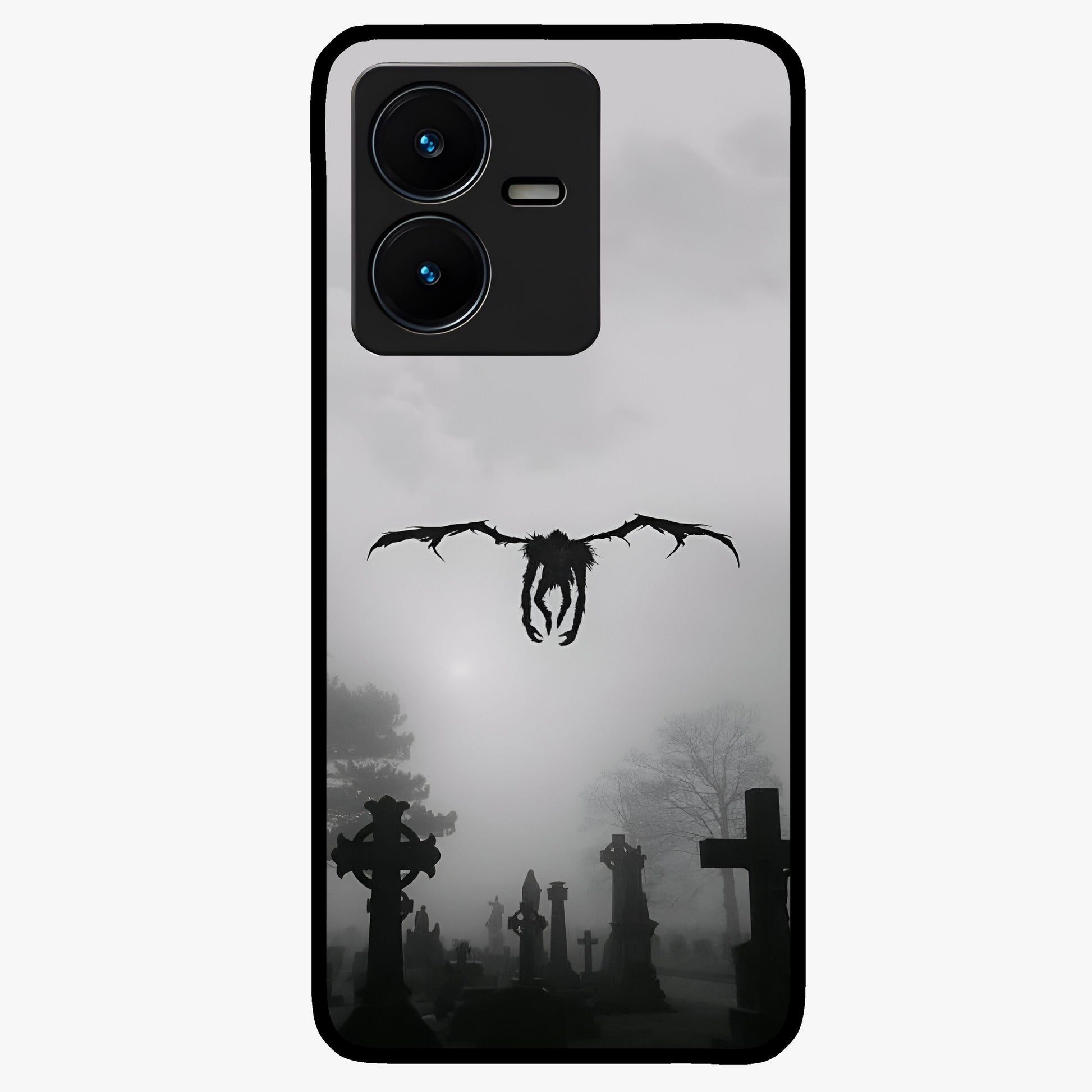 Graveyard Shadow Descent Glass Case showing flat back view with dark graveyard themed artwork and glossy glass finish.
