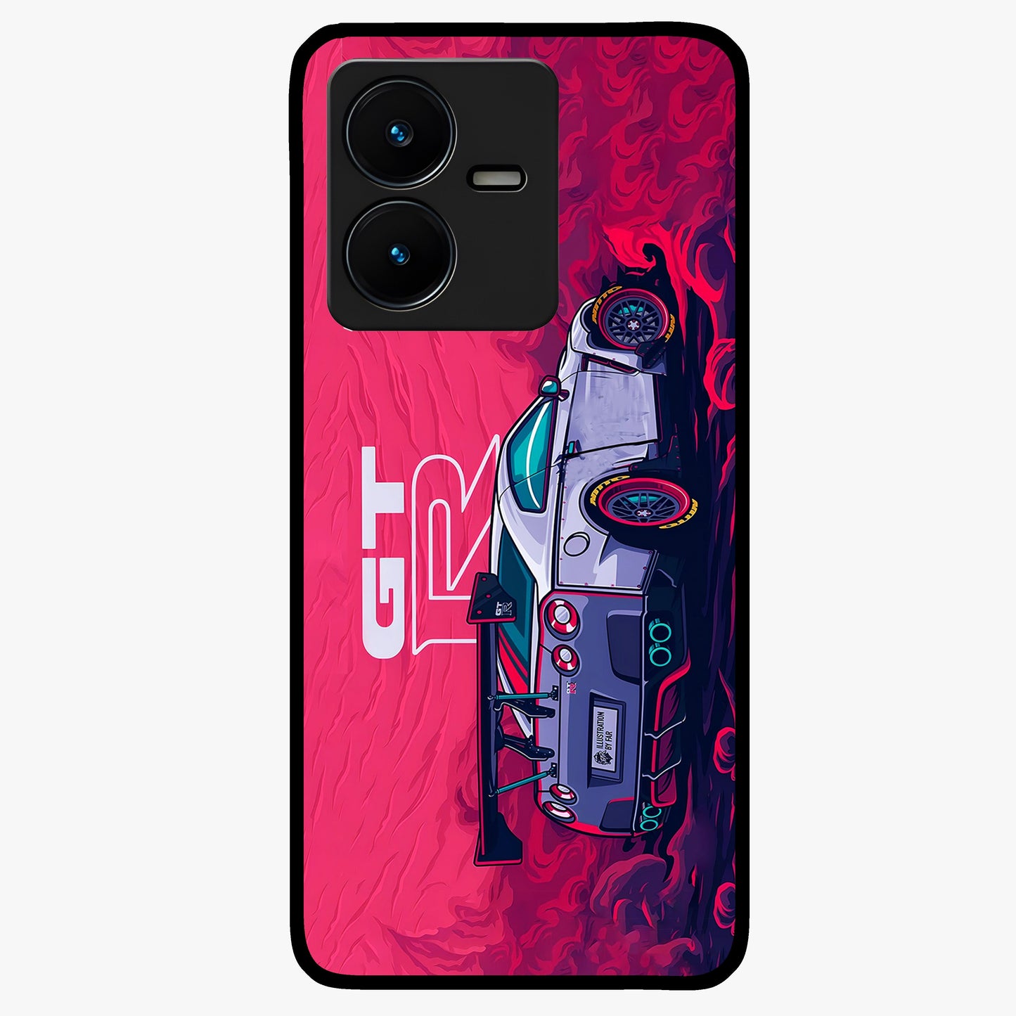 GT-R Car Pattern Glass Case showing flat back view with sporty car inspired pattern artwork and glossy glass finish.