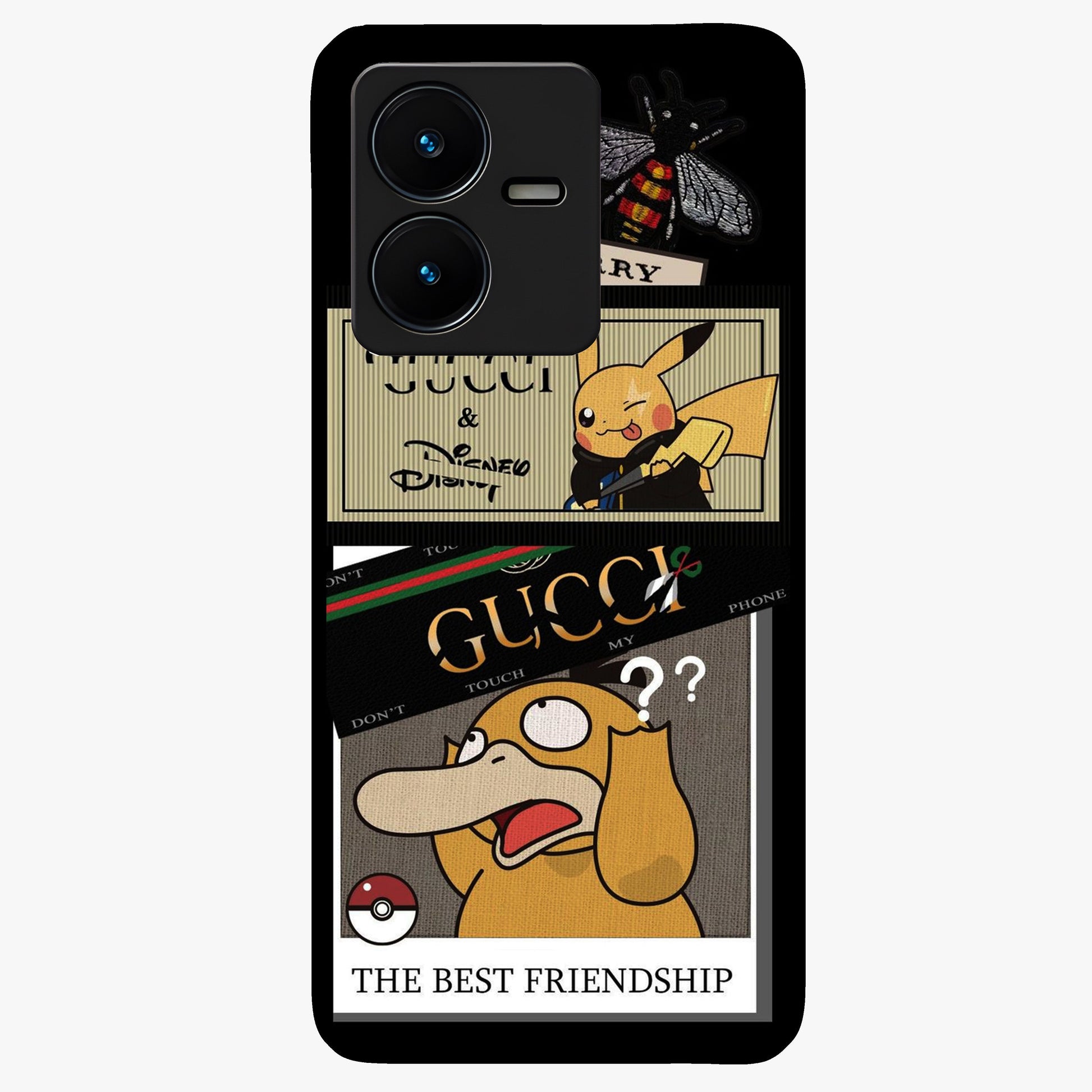 Gucci Play Mashup Glass Case showing flat back view with luxury inspired graphic artwork and glossy glass finish.