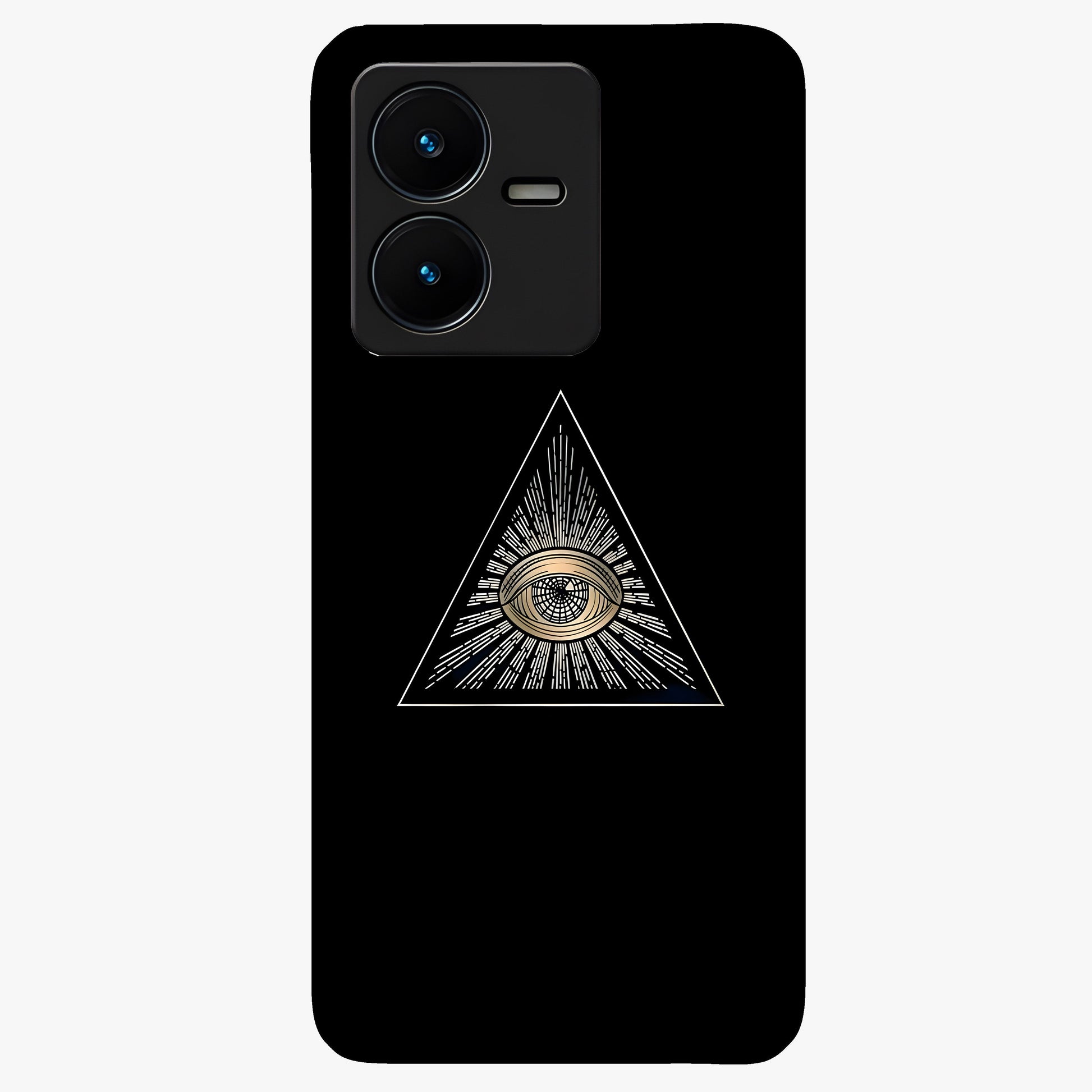 Illuminati Evil Glass Case showing flat back view with mysterious illuminati symbol artwork and glossy glass finish.