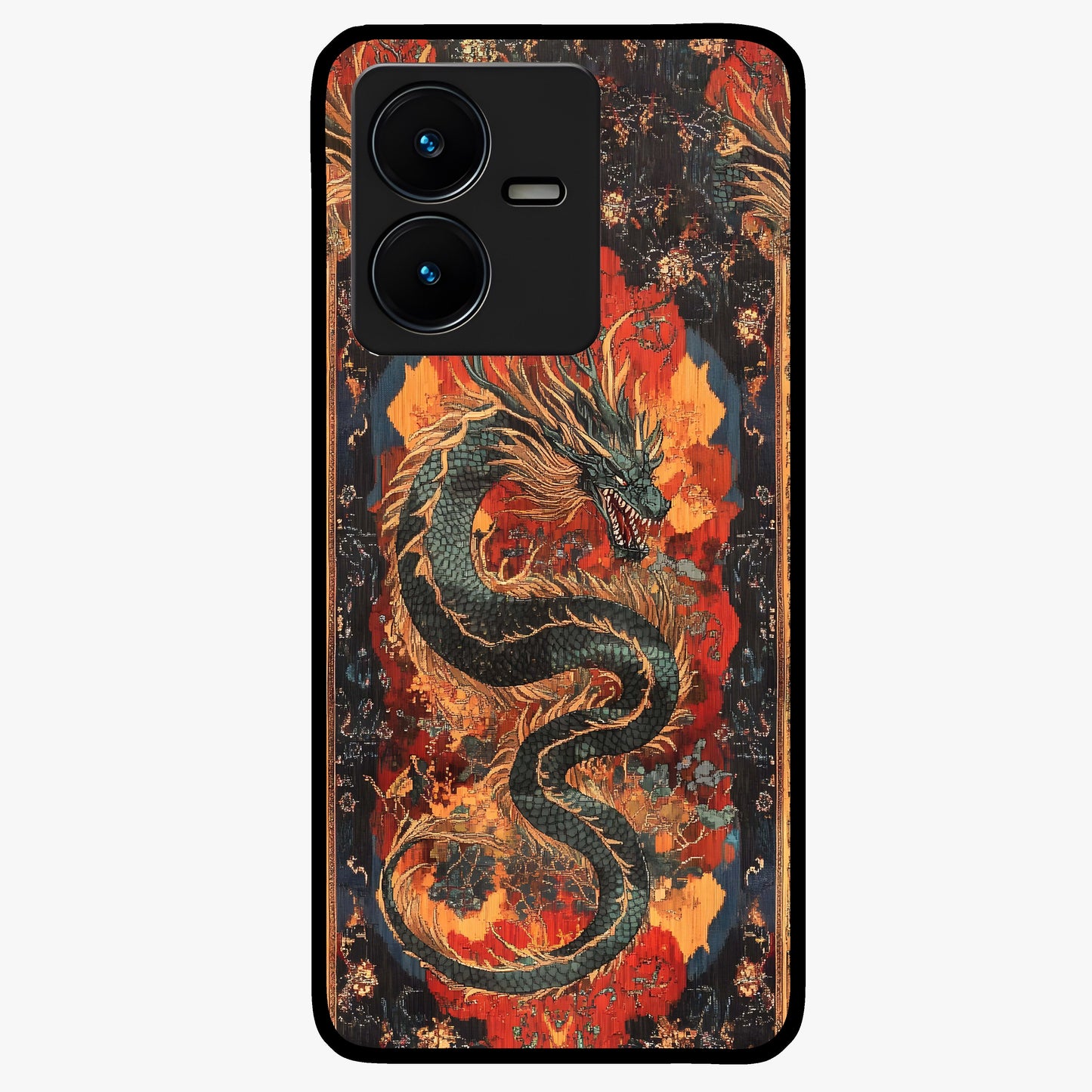 Inferno Dragon Soul Glass Case showing flat back view with fiery dragon artwork and glossy glass finish.