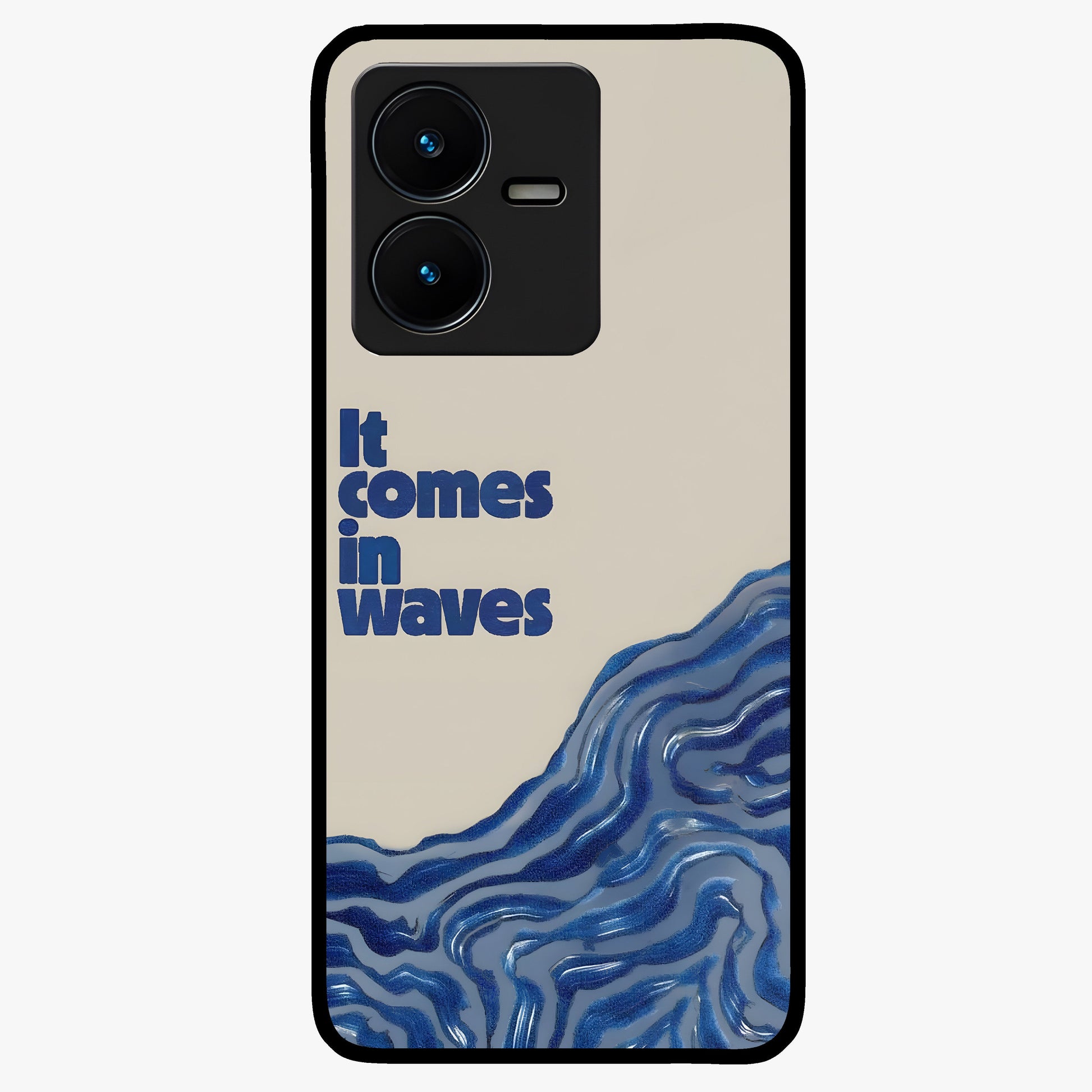 It Comes In Waves Quote Glass Case showing flat back view with inspirational wave themed quote artwork and glossy glass finish.