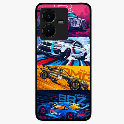 JDM Sports Car Glass Case showing flat back view with high performance sports car artwork and glossy glass finish.