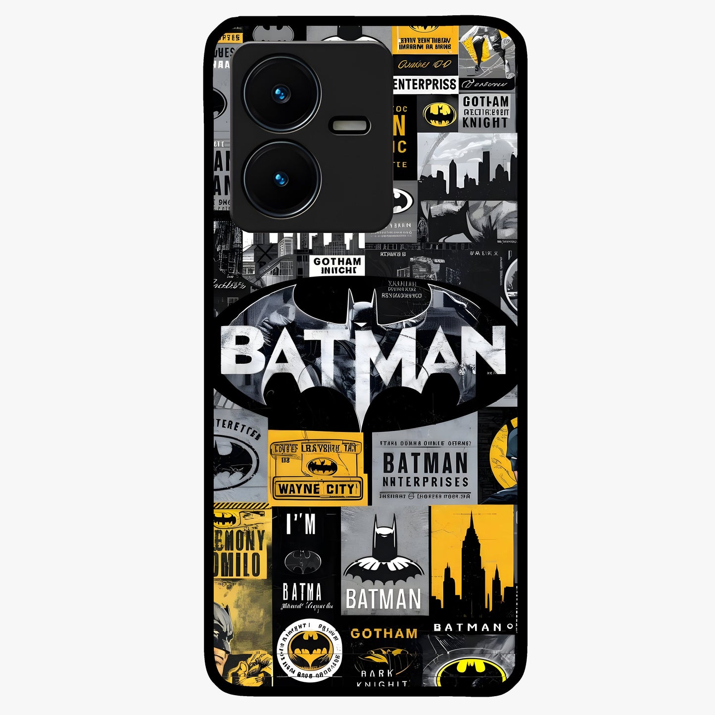 Knight Gotham Rise Glass Case showing flat back view with dark hero inspired artwork and glossy glass finish.